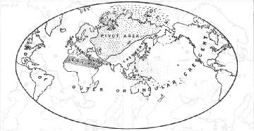 4. ábra: A hatalom természetes színterei. Kulcs övezet: teljesen szárazföldi; külső félhold: teljesen óceáni; belső félhold: részben szárazföldi, részben óceáni. Mackinder 1904.