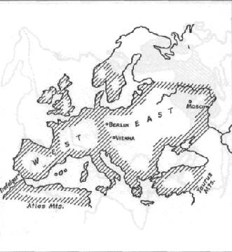 6. ábra: Az óceán felé nyitott Nyugat- és a Heartland felé nyitott Kelet-Európa. Mackinder 1919.